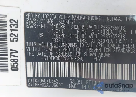 2012 Toyota Sienna Xle 7 Passenger z USA, uszkodzony, nr VIN 5TDDK3DC2CS043340